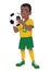 African american little boy soccer player in yellow green uniform holds ball