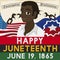 African-American Man Celebrating Juneteenth over Flags and Broken Chains, Vector Illustration