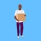 African american man courier holding paper parcel box delivery concept happy postman male cartoon character full length