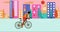 African American man cyclists is riding bicycle in the summer empty city during sunset. Cartoon animation, flat design