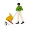 African American Man Gathering Garbage and Plastic Waste with Rake, Male Volunteer or Janitor Picking Up Litter