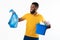 African American Man Holding Garbage Bag And Box, White Background