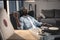 African american man listening vinyl record