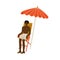 African American Man in Shorts Sitting in Chaise Lounge Under Sunshade Parasol, Guy Relaxing on Beach on Summer