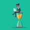 African american man sitting on the hourglass with laptop legs crossed. Time management and procrastination. Vector.