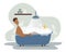 African American man taking bath in bathroom with rubber duck. Wash head, hair, body, skin with shampoo, soap, sponge
