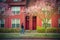 African American man walking by a suburban townhouse with cherry blossom in Seattle, WA