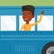 African-american man waving hand from bus window.