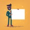 African american manager with beard in formal suit holding a blank sheet and pointing by index finger to it. Vector.