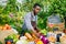 African American salesman putting fresh organic vegetables on table at farm sale