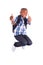 African American school boy jumping and making thumbs up - Black