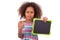 African American school girl holding a blank black board - Black