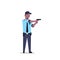 African american security guard man in uniform holding pistol police officer male cartoon character full length flat
