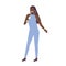 African American singer, vocalist or songstress wearing elegant jumpsuit and holding microphone. Cute female cartoon