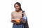 African American student girl holding books isolated on white background