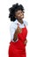 African american waitress with red apron showing thumb up