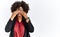 African american woman with afro hair wearing business jacket and glasses rubbing eyes for fatigue and headache, sleepy and tired