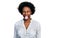 African american woman with afro hair wearing casual white t shirt sticking tongue out happy with funny expression