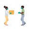 African American woman delivery courier in a medical mask and gloves gives a woman a box, side view. Service coronavirus