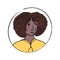 African American woman doodle portrait. Beautiful young black girl with curly hair in yellow hoodie. Hand drawn vector