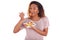 African American woman eating salad, isolated on white background - Black people