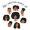 African american woman faces set, hand drawn logos of negroid race women with curly hair.Social media avatars collection, simple