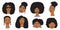 African american woman faces set, hand drawn logos of negroid race women with curly hair.Social media avatars collection, simple