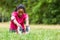 African american woman jogger stretching - Fitness, people and