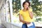 African American Woman on Porch on Phone