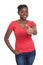 African american woman in a red shirt showing thumb up
