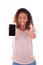 African American Woman showing a mobile phone and making thumbs
