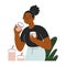 African-American woman smelling scented candles choosing perfumed aroma candle. Flat vector illustration, cartoon