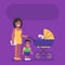African American woman stands with stroller with two children and smiling. Flat people