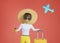 African American woman straw hat traveler yellow suitcase luggage airplane 3d rendering pink. Modern travel advertising.