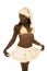 African American woman white Santa suit front hold out skirt