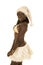 African American woman white santa suit side look back