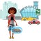 African American Womanan and her luggage came by taxi car and ready to flight, auto transfer to airport vector