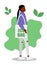 An African-American young girl in versatile clothing goes with a bag of organic products, non-GMO, organic. The concept