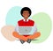 African american young in glasses in yoga pose with laptop smiling, relaxation at work or sturdy concept