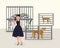 African animal in cage, stop wearing fur, not eco friendly luxury woman, flat vector illustration. kill tiger, zebra