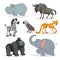 African animals cartoon set. Hippo, gorilla monkey, gray parrot, elephant, cheetah, zebra and wildebeest. Zoo wildlife collection.