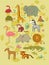 African animals. Cute cartoon lion and tiger, elephant and zebra, monkey and parrot. Fun zoo