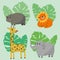 African animals elephant, hippopotamus, rhinoceros, lion, giraffe in vector. Funny cartoon safari animals in bright