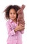 African Asian girl holding a giant chocolate rabbit