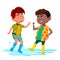 African And Asian Kids In Boots Jump In Puddle After The Rain Vector. Isolated Illustration