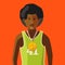 African athlete with golden medal for first place on red, flat illustration