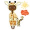 African baby in giraffe costume. Cute little girl in overalls. Child holding toy giraffe. Cartoon style