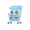 African baby with toys twins double blue stroller full length avatar on white background, successful family concept