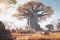 African baobabs, national park and savannah, nature, trees and plant, illustration. Generative AI