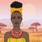 African beauty: animation portrait of the  beautiful black woman in a turban and ancient clothes and jewelry.